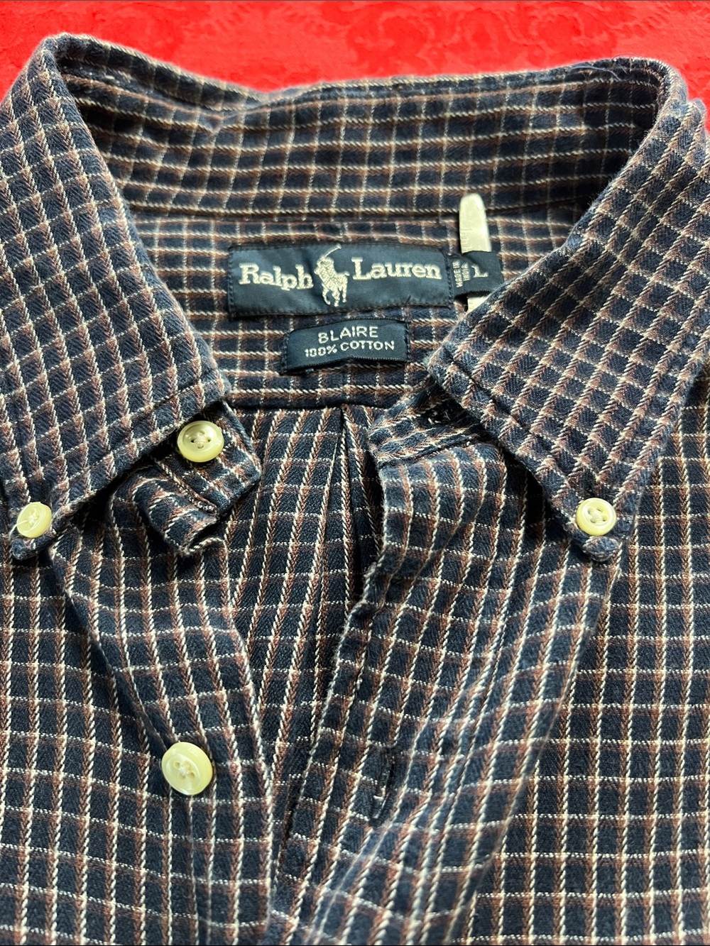 Polo Ralph Lauren Vintage Blaire Check Button-Down Shirt Navy Brown White L